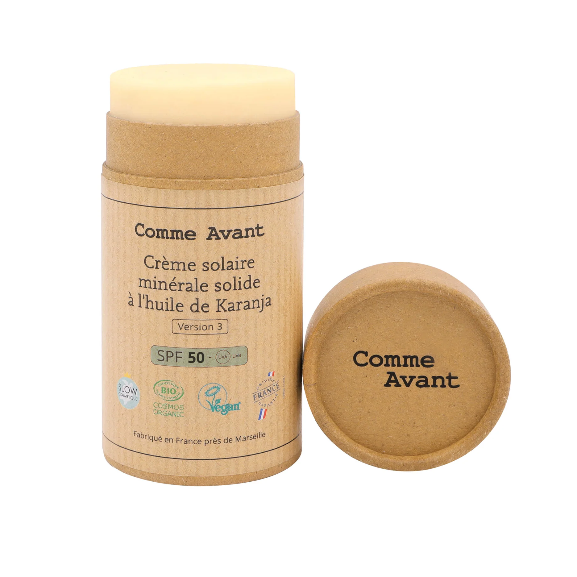Comme Avant - Crème solaire minérale solide SPF50 à l'huile de Karanja - Sans parfum - Dès la naissance - Version 3