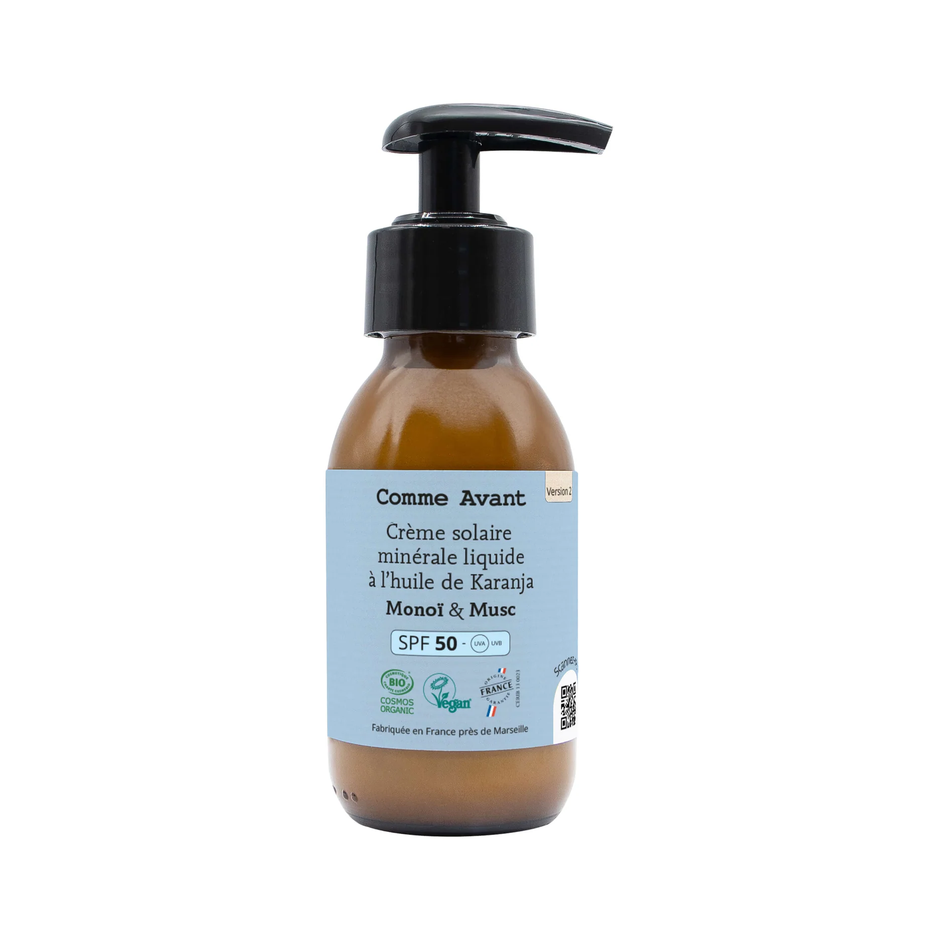 Comme Avant - Crème solaire liquide minérale SPF50 - Monoï & Musc - Adultes - Version 2